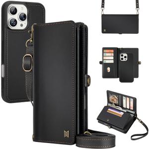 For Wallet Case Compatible with iPhone 16 Pro Max,Multi-Function Detachable 2 in 1 Magnetic iPhone 16 Pro Max Case Wallet,Flip Strap Zipper Card Holder Phone Case with Shoulder Straps (Black)