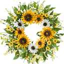 zjlmit Spring Wreath 20 Inch Artificial Summer Wreath Spring Wreaths for Front Door Made of Silk Material with Sunflowers Daisy Flowers and Green Leaves for Windows Cabinets and Walls