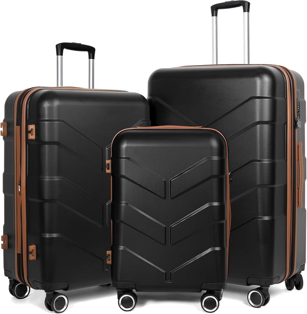 Luggage Sets 3 Piece with Spinner Wheel, Hardside Suitcase Set with TSA Lock, Expandable Travel Luggage for Men and Women, Black (20in24in28in)