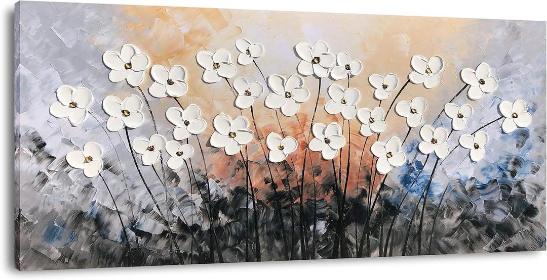 Yihui Arts Floral Paintings Canvas Wall Art Living Room Decor Contemporary Grey Artwork Pictures Framed Ready to Hang, 48"L x 24"W