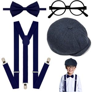 4Pcs Kids Boys Suspenders Bowtie Set with Black Glasses Newsboy Cap for Boy Girl Wedding 100 Days of School Costume