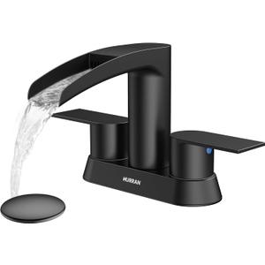 Bathroom Sink Faucet for 3 Hole, Hurran 4 Inch Bathroom Faucets with Pop-up Drain, Stainless Steel 2-Handle Waterfall Faucet for Bathroom Sink, Matte Black