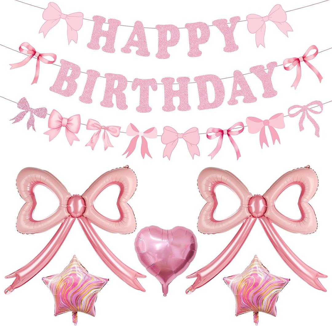 2 x Pink Bow Happy Birthday Decorations - Large Bow Balloons Banner for Coquette Birthday Decorations Foil Balloons for Girls Women Pink Coquette Themed Party Decor