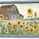 Countryside Barn Framed Wall Art: Rustic Farmhouse Painting Yellow Sunflowers Wooden Picture Artwork for Living Room Bedroom Kitchen Decor