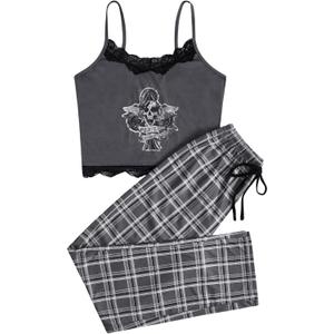 WDIRARA Women's Goth Pajama Set 2 Piece Cami Top and Plaid Pants Sleepwear Sets Grey Small