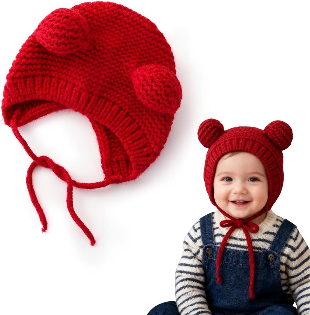 Baby Beanie with Earflaps Winter Knitted Hat Adorable Ears & Chin Strap Warm for Infant Toddler Boy Girl 6-24 Months (Red)