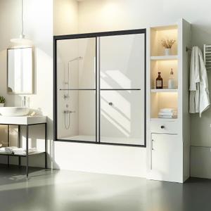 VEVOR Bathtub Shower Door, 56-60" W x 60" H, Semi-Frameless Double Sliding Tub Door, Semi-Frameless Bypass Tub Door with 1/4 in Shatterproof Tempered Glass and Stainless Steel Handle, Black