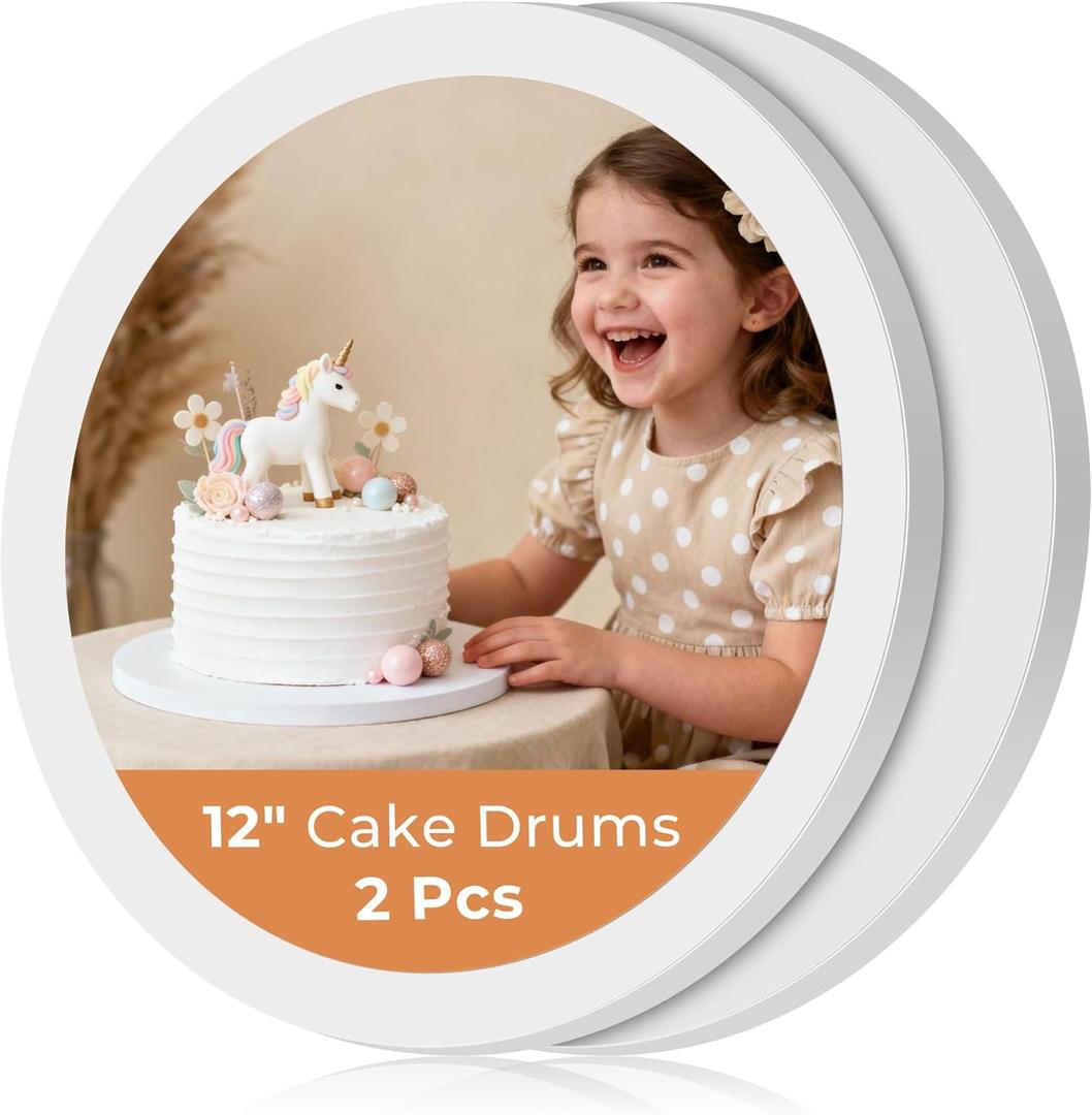 Kootek Cake Boards 12 Inch Round, 1/2 Inch Thick Cake Drum, Sturdy Corrugated Cardboard Base, Base para Pastel, White, 2 Pack