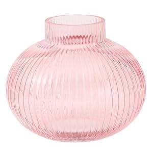 YANWE1 Round Glass Vase, Flower Vase, Ribbed Glass Vase, Fluted Vase, Short Glass Vase, Pink Glass Vase for Tulips, Modern Glass Vase for Living Room, Office, Coffee Table, Shelf, Wedding, 6 Inches