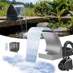 POPOSOAP Pond Waterfall Spillway with LED Lights & 1200GPH Pond Pump, 8Inch Pond Spillway Kit for Garden Ponds, Outdoor Water Feature with App & Remote Control for Backyard Landscape Decoration-P42C