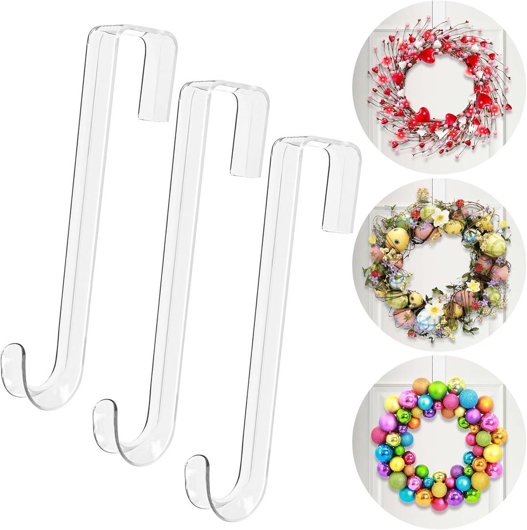 Wreath Hanger,12" Clear Wreath Hangers for Front Door Dcor,3 Pack Easter Fall Wreath Door Hanger Hook,Non Scratch Over The Door Hooks for Hanging Christmas Wreath Decorations Clothes Outdoor Indoor