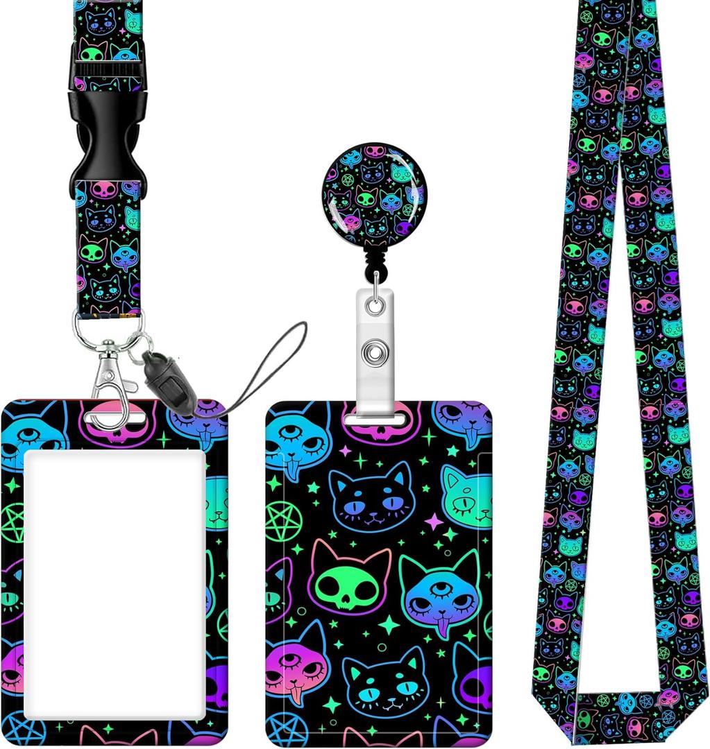 Badge Reels Retractable with Carabiner Reel Clip, ID Name Tag Work Badge Holder Belt Ferrule, Identity ID Badge Holder Cover Case for Office Work Nurse Teacher Student Gifts(Cute Colorful Cats)