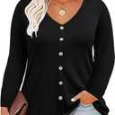RITERA Plus Size Tops for Women Long Sleeve Button Down Shirts Casual Fall V Neck Blouses XL-5XL (Black)