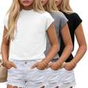 YooAurvox 3 Pack Girls Shirts Summer Cap Sleeve Fashion Mock Turtleneck Tops Kids Loose Fit Casual 2026 Trend Tees 5-14 Y(9-10 Years,White, Light Mixed Gray, Black)