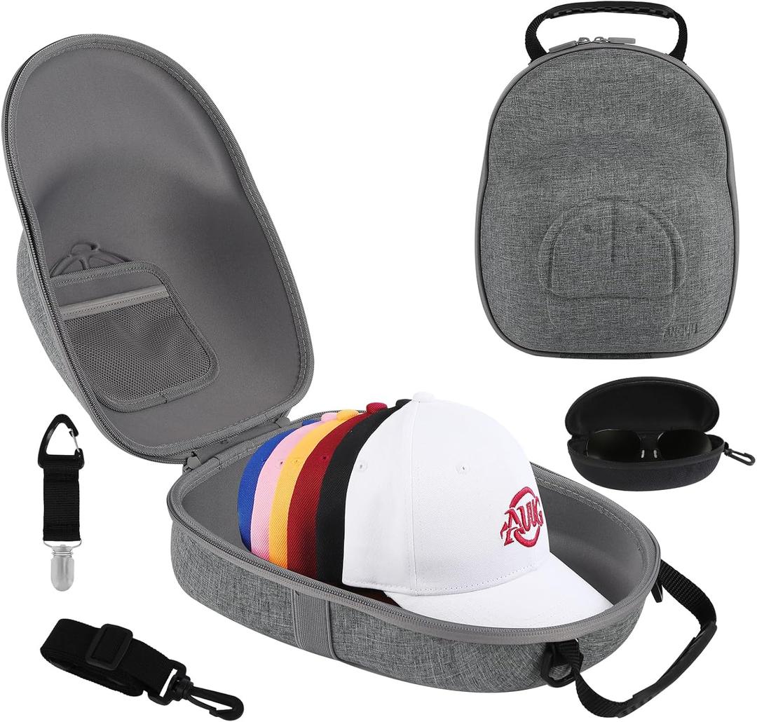 Hat Travel Case, Hard Hat Carrier Organizer with Clip & Glasses Storage, Holds 6 Baseball Caps for Home/Travel - Grey