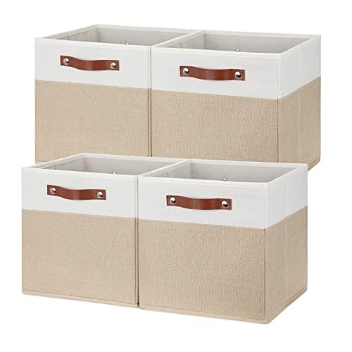 Temary Fabric Storage Cubes - 12 Inch Collapsible Bins (4Pack) - Empty Gift Baskets for Organizing Shelves, Closets, Nursery (White & Khaki)