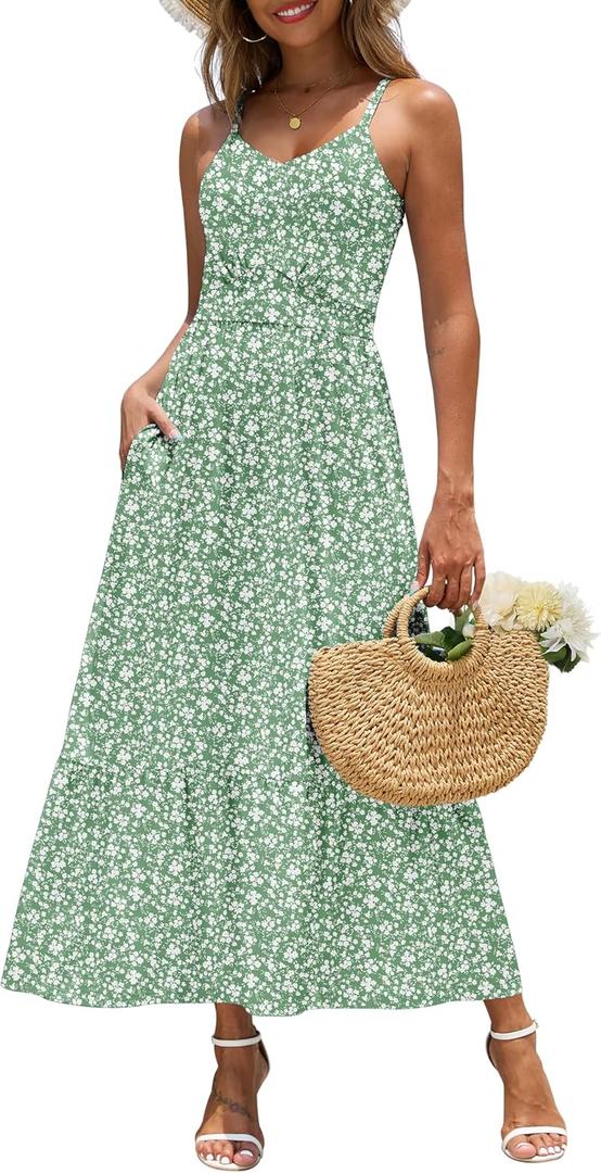 Zattcas Womens 2026 Summer Flowy Spaghetti Strap Empire Waist Floral Maxi Dress with Pockets Spring Flower Milkmaid Hawaiian Wedding Guest V Neck Tiered Maxi Sundress Green White S