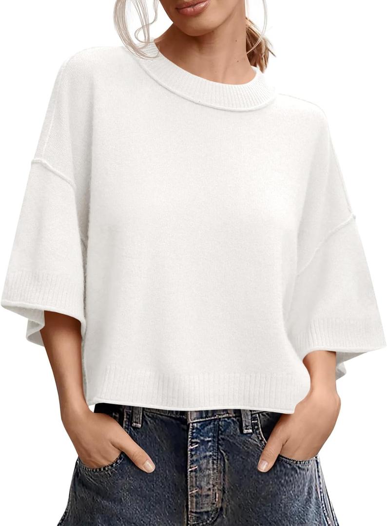 Saodimallsu Womens Short Sleeve Sweater Summer Oversized Cropped Sweaters Casual Crewneck Lightweight Knit Tops (Medium, White)