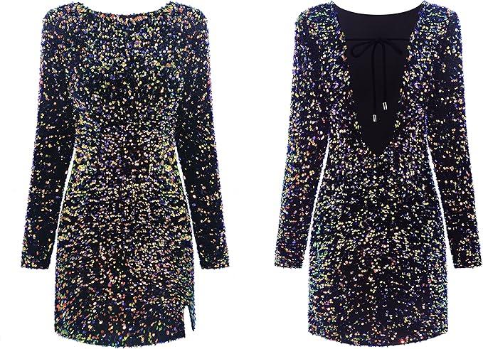R.Vivimos Women's Sequin Bodycon Dress Fall Winter Velvet Warm Long Sleeve Crew Neck Sexy Backless Glitter Slit Mini Dress Size, XL