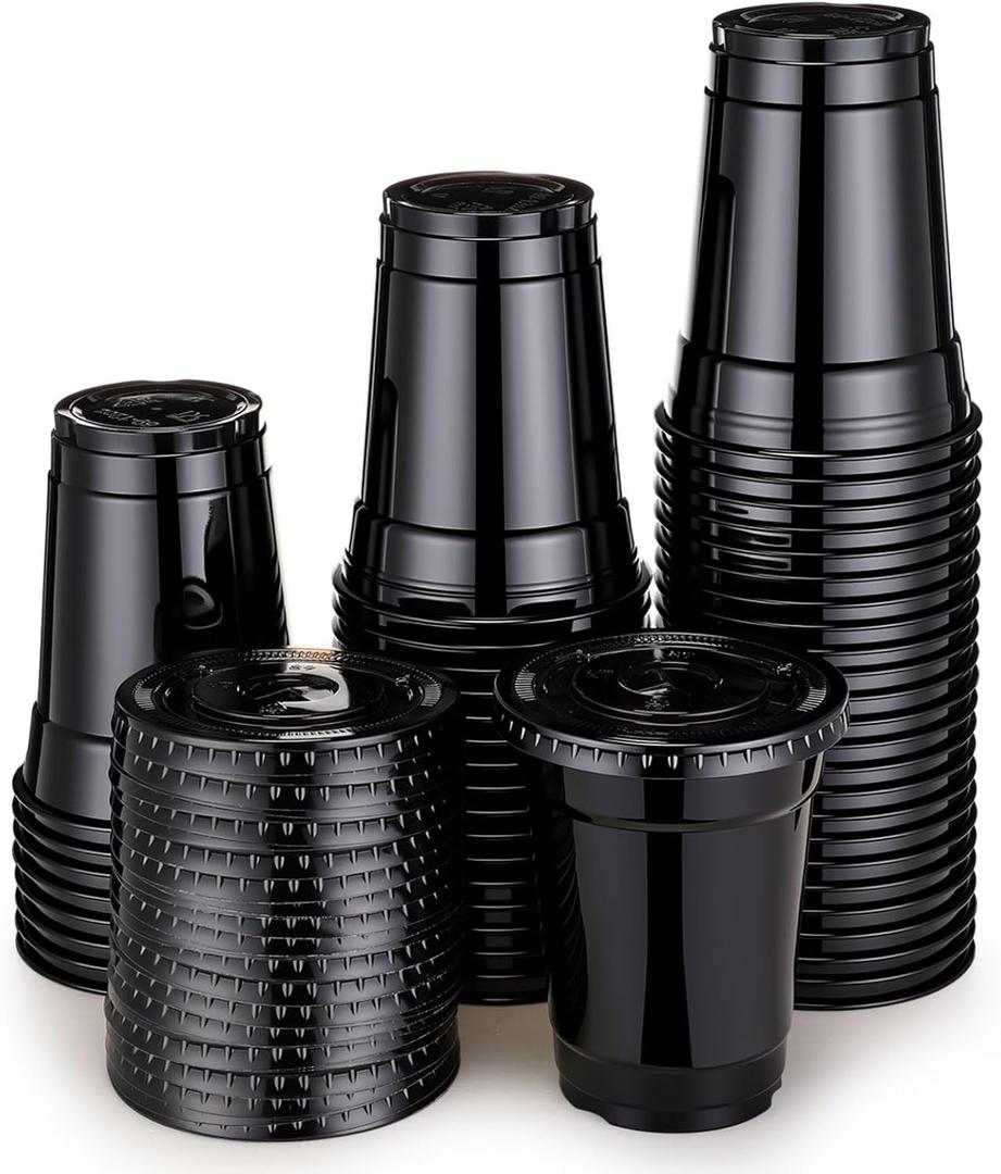 50 Set 12 oz Black Plastic Cups with Lids, Disposable Black Clear Iced Coffee Cup with Lid for Cold Drinks Coffee Shops Soda Bar Party Shop Supplies (Dia. 89mm)