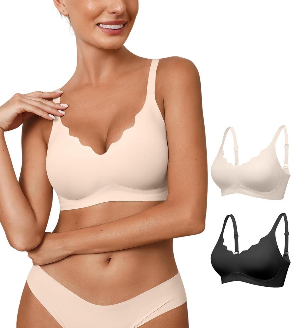Womens Seamless Bras No Underwire Wireless Push Up Full Coverage Bra Scalloped V Neck T-Shirt Bra Comfort Bralettes (X-Large, Black+beige)