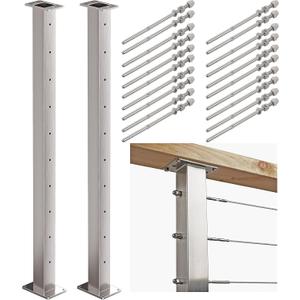 36" 2 Pack Stainless Steel Cable Railing Post 2"2" with 1/8 Cable Railing Kit, Level drilled (2, 36 Inch) (Silver)