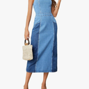 WDIRARA Women's Colorblock Strapless Tube Top Sleeveless Split Back Zipper Casual Denim Midi Dress S