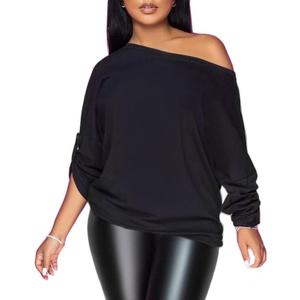 PESION Womens Off The Shoulder Tops Sexy Shiny Metallic Shirts Long Sleeves Fashion Graphic T-Shirts Blouses (Black, XXL)