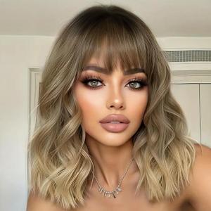 AISI HAIR Synthetic Wavy Curly Bob Wig with Bangs Ombre Blonde Mixed Short Hair for Women Synthetic Heat Resistant Bob Wigs