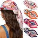 AWAYTR 27.5 Silk Satin Square Head Scarf - 4PCS Satin Head Scarves for Women Hair Kerchief Bandanas Sleeping Head Wraps (Flower(red/Orange/Navy/Khaki))