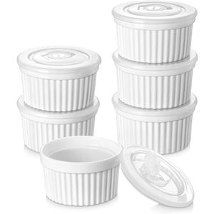 vancasso 10 oz Ramekins with Lid, Porcelain Creme Brulee Souffle Dishes, White Pudding Custard Cups Ramiken for Baking, Dishwasher and Oven Safe, Set of 6