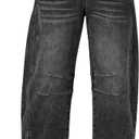 Utyful Barrel Jeans Women Cropped Baggy Trendy High Waisted Distressed Loose Stretch Denim Trouser Jeans with Pockets (Size Medium, Faded Black)