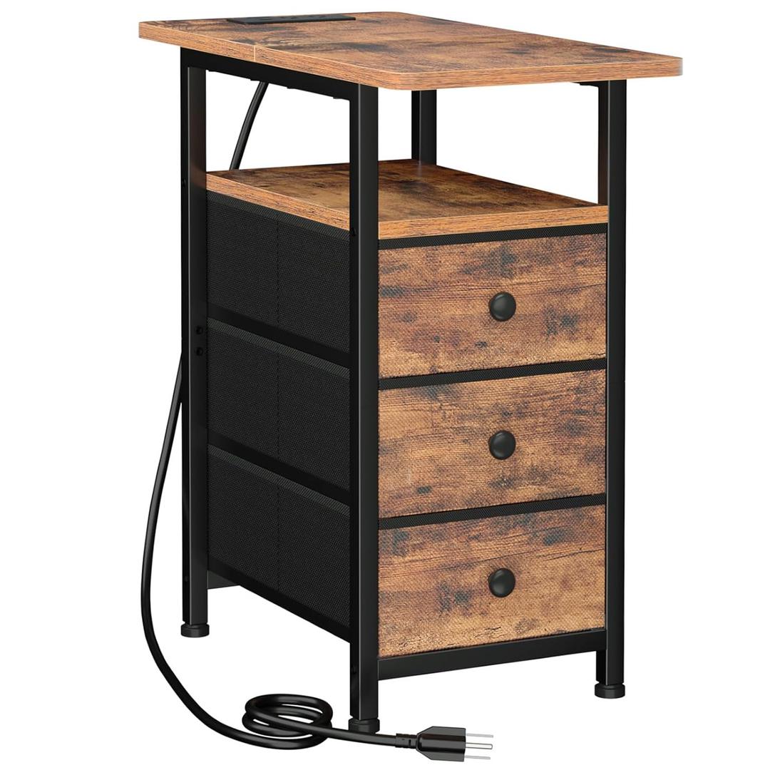AMHANCIBLE End Tables Living Room with Charging Station, Narrow Side Table with USB Ports and Outlets, Slim Nightstand with 3 Fabric Drawers for Bedroom, Small Space, Rustic Brown, HETN013BR-1