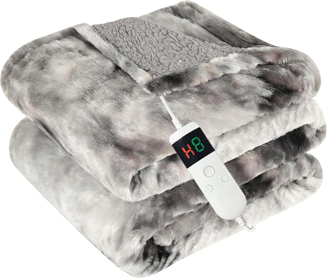 Electric Heated Blanket Queen 84''x90''Size Faux Fur Heating Blanket 10 Heating Settings, 1-8h Timer & Overheat Protection, Machine Washable, Soft Flannel and Sherpa Full Body Warmth (Light Gray)