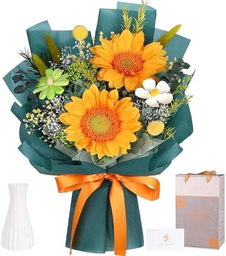 Preserved Sunflower Bouquet - Forever Flowers for Delivery, Green Flower That Last 3 Years, Eternal flowers Bouquet for Her Mother Mom Wife Friends Birthday Sunflower Gifts for Women