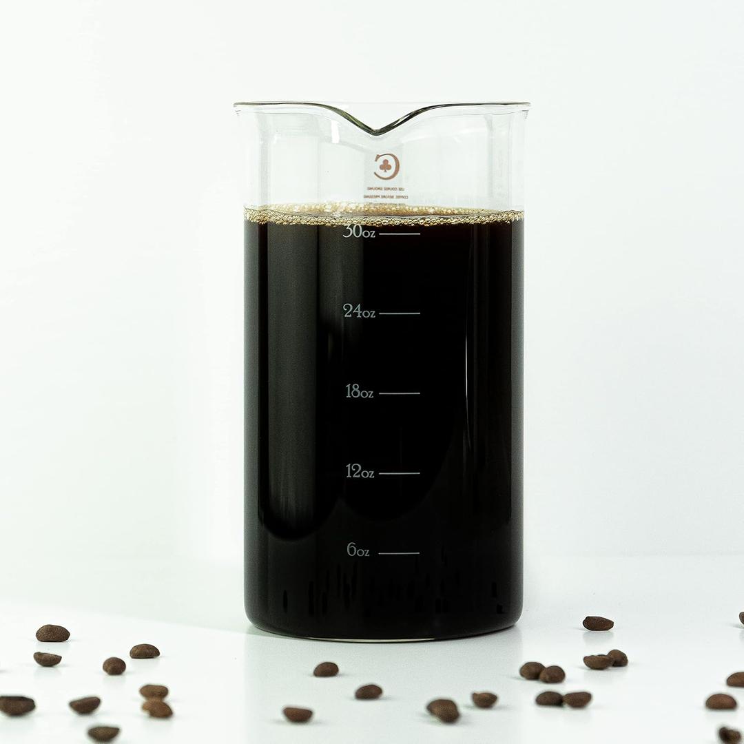 French Press Replacement Glass by Cafe Crush Club - Fire Hardened Borosilicate Beaker - 34 Ounce | 1 Liter Size with White Measures