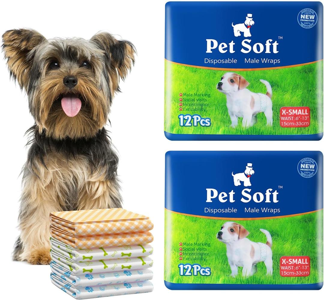 Pet Soft Disposable Male Dog Wraps - Dog Diapers for Male Dogs, Puppy Diapers 24pcs XSmall