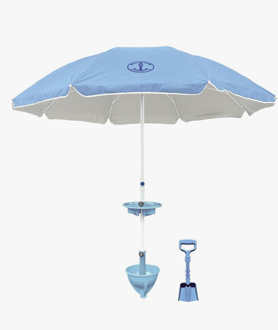 Anchor Works All-In-One Classic Beach Umbrella System - Secure & Wind-Resistant with Heavy-Duty Patented AnchorONE Sand Anchor, 7ft UPF 50+ Umbrella, Convenience Tray, Sand Spade & Carry Bag - ASTM F3681-24 Compliant