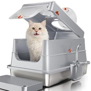 Stainless Steel Cat Litter Box with Lid, Extra Large Enclosed Metal Litter