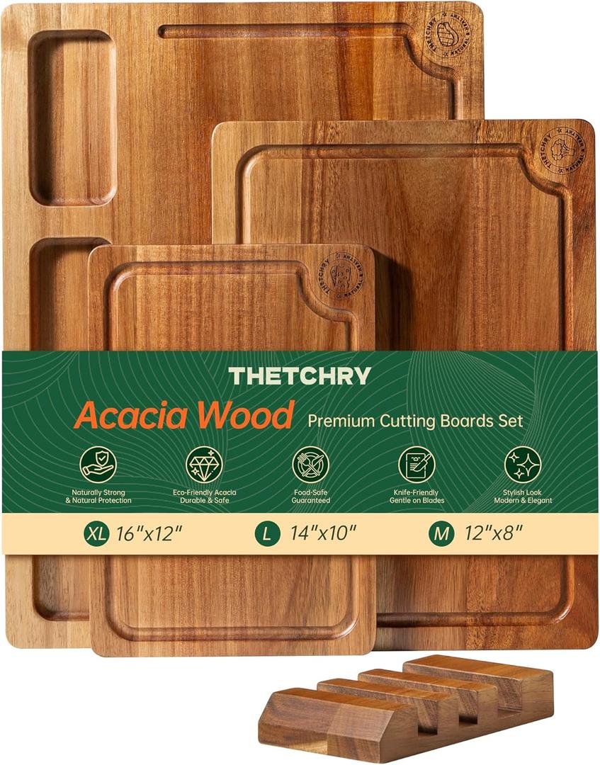 Acacia Wood Cutting Boards for Kitchen, Premium Wood Cutting Board Set with Holder, Chopping Board with Grooves and Built-in Handles, Wooden Charcuterie Board Trays for Meat, Fruit, Cheese (Large)