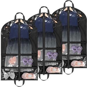 LOVEGRASS Kids Garment Bag for Dance Costumes, 40" Dance Garment Bags for Dancers with 4 Clear Zipper Pockets, Foldable Dance Competition Garment Bags for Hanging Clothes, 3 Pack, Black