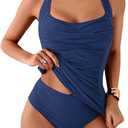 Eomenie Womens Halter Tankini Bathing Suit Ruched Tummy Control Two Piece Swimsuit with Bottom, S