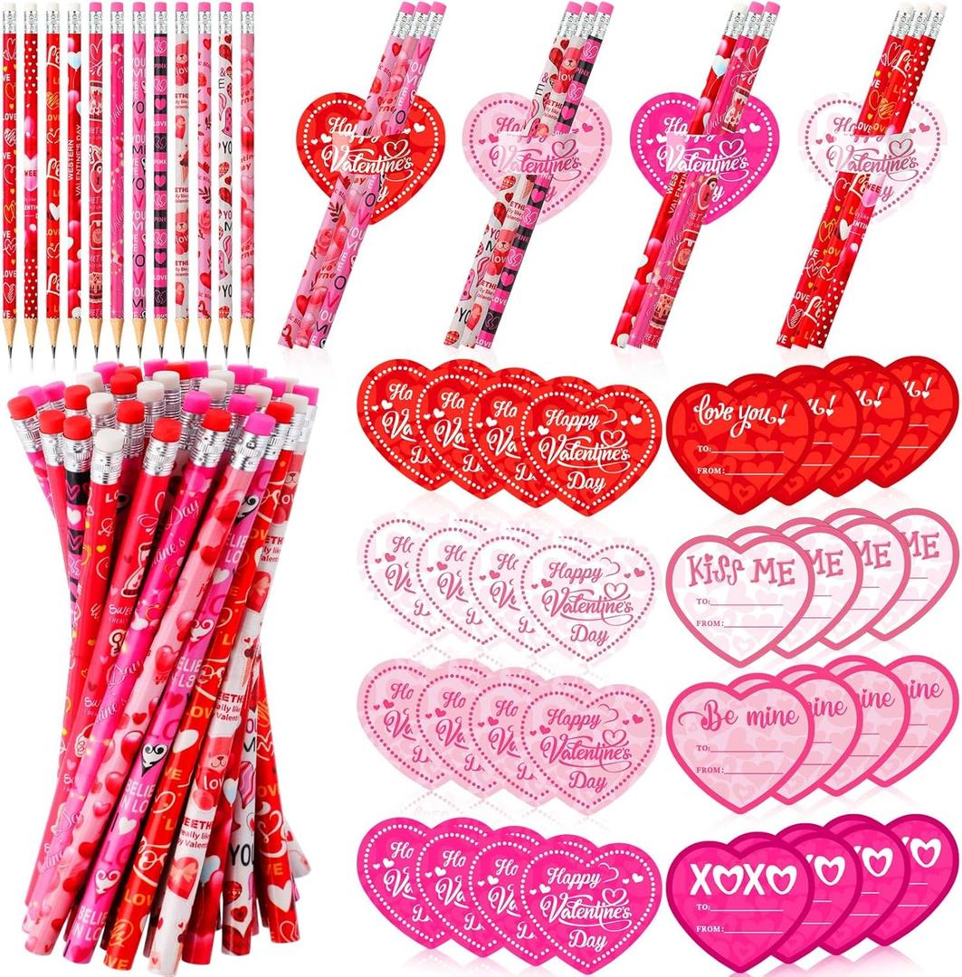 48 Pack Valentine's Day Heart Pencils Bulk and Valentine Exchange Card for Valentine Party Favor Office Rewards Gift Exchange Prizes Supplies