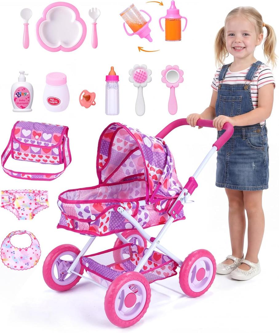 BABESIDE Baby Doll Stroller Set, 10-Piece Portable Doll Stroller with Baby Doll Accessories for Pretend Play, Feeding & Care Playset for Girls 3+, Fits 12-Inch Dolls (Doll Not Included)