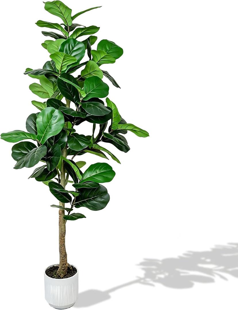 5FT Fiddle Leaf Fig Artificial Tree, Silk Fake Ficus Tree with White Planter, Indoor Faux Floor Plant Tree with Lifelike Trunk and Leaves for Office Living Room Indoor Home Decor