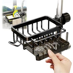Sink Organizer Rack for Kitchen and Bathroom, 2025 New Stainless Steel Detachable Hanging Faucet Drain Rack with Drip Tray Faucet Sponge Holder for Bathroom, Scrubbers, Soap (Black, Left)