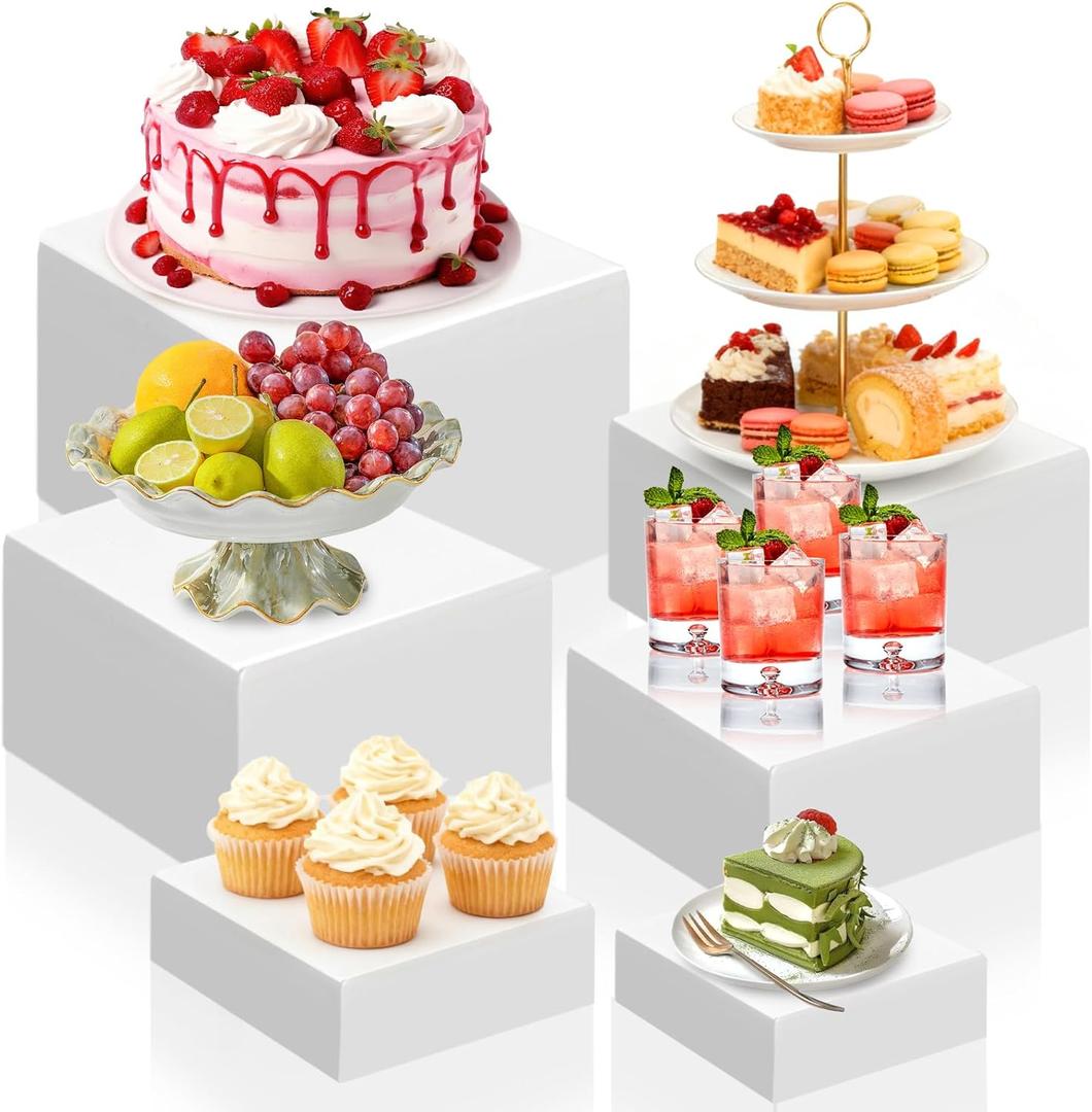 Hacaroa 6 Pcs Buffet Risers, Food Risers Dessert Cupcake Stand for Buffet Table, White Acrylic Cube Boxes for Party, Catering, Jewelry, Collectibles, Hollow Bottom, 6 Sizes (10", 9", 8", 7.5", 6.7", 6")