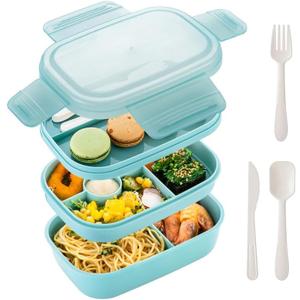 Stackable Bento Box Lunch Box,3 Layers Stackable Bento Lunch Containers for Adults & Kids, Built-in Utensil Set,Leak-Proof Bento Lunch Box for Dining Out, Work, Light Blue