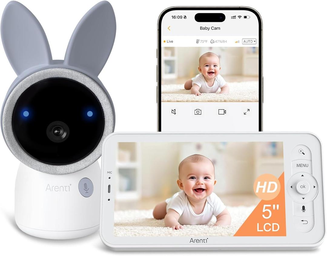 ARENTI 2.4G&5G Smart Baby Monitor with Camera and Audio, 5’’ WiFi/NoWiFi 4MP Split Screen with Night Light, Smoothing Lullabies, Cry&Motion Detection, Temp&Humidity Senor, Free APP with Motion Video