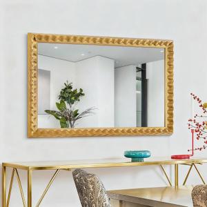 Gold Decorative Mirror for Living Room, 39'' X 27'' Rectangular Wall Mirror with Wavy Wood Frame, Unique Gold Wood Mirror for Bathroom, Dining Room, Entryway, Hallway
